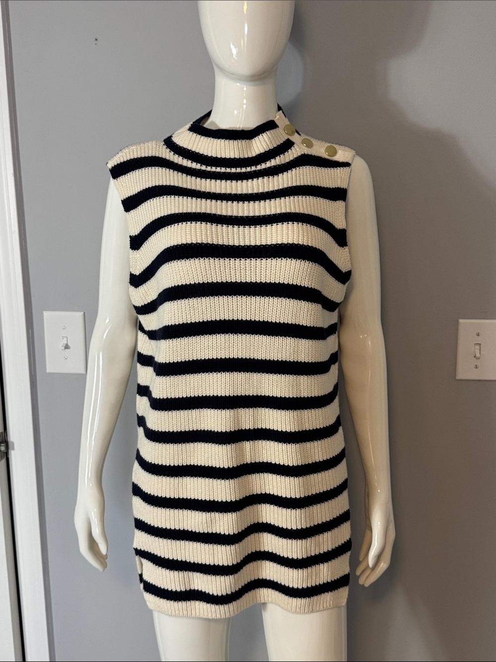 LOFT Mocneck Sleeveless Navy and White Striped Sweater
